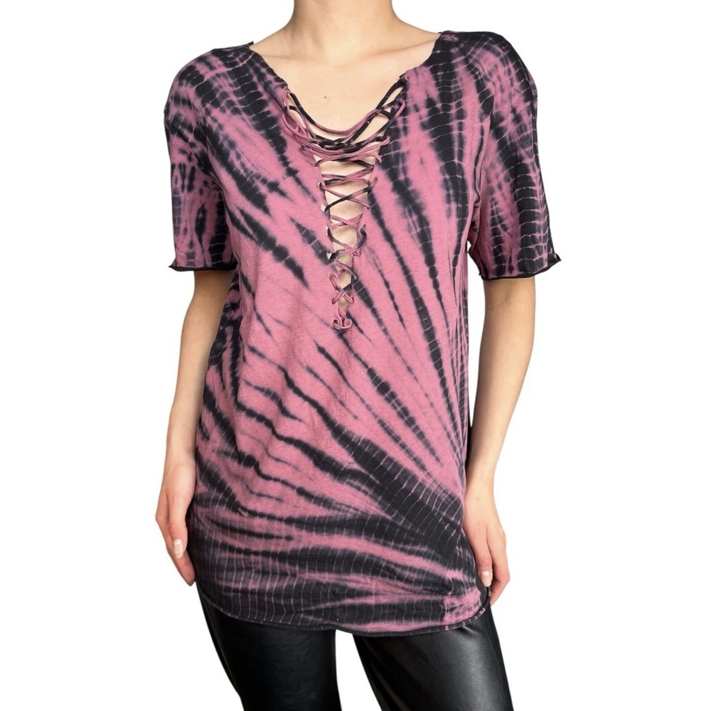 Maje Paris Pink Black Tie Dye Lace Up Top Size 2 (US Med) Short Sleeve Shirt
